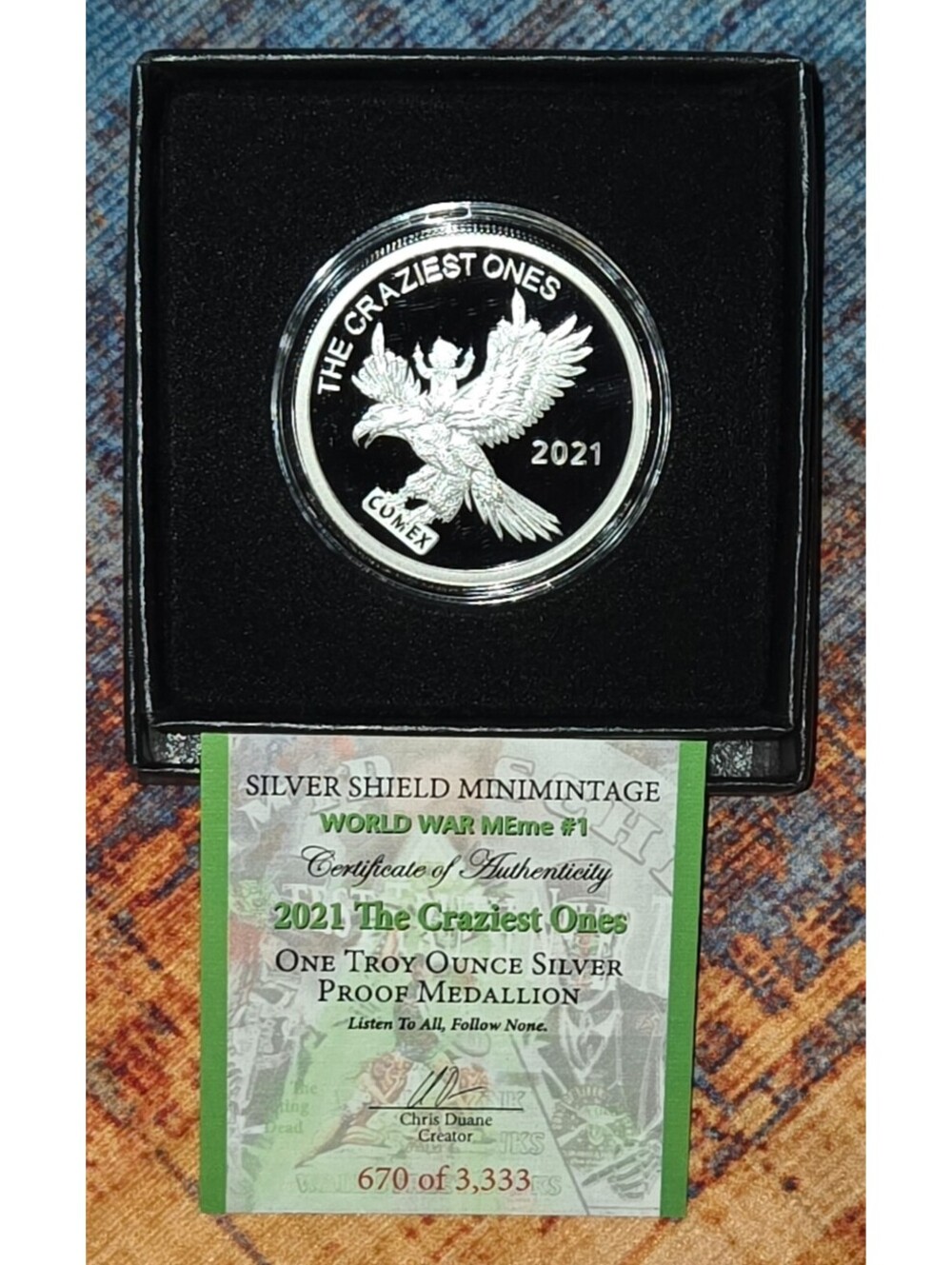 The CRAZIEST ONES 1oz Proof 2021 Silver Shield COA #670 World War MEmes #1 NEW